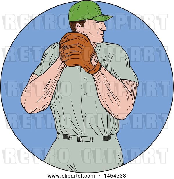 Vector Clip Art of Retro Sketched Drawing Male Baseball Player Pitching in a Blue Circle