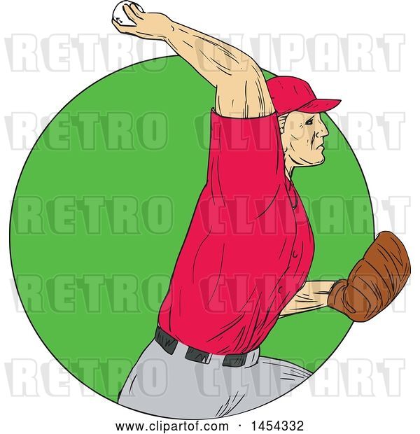 Vector Clip Art of Retro Sketched Drawing Male Baseball Player Pitching in a Green Circle