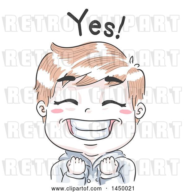 Vector Clip Art of Retro Sketched Excited White Boy Grinning, Cheering and Saying Yes