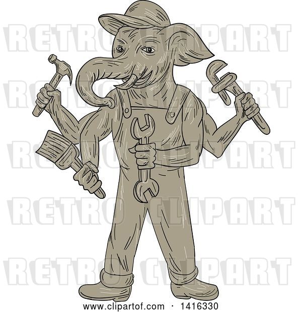 Vector Clip Art of Retro Sketched Ganesha Handy Guy Elephant Holding Tools