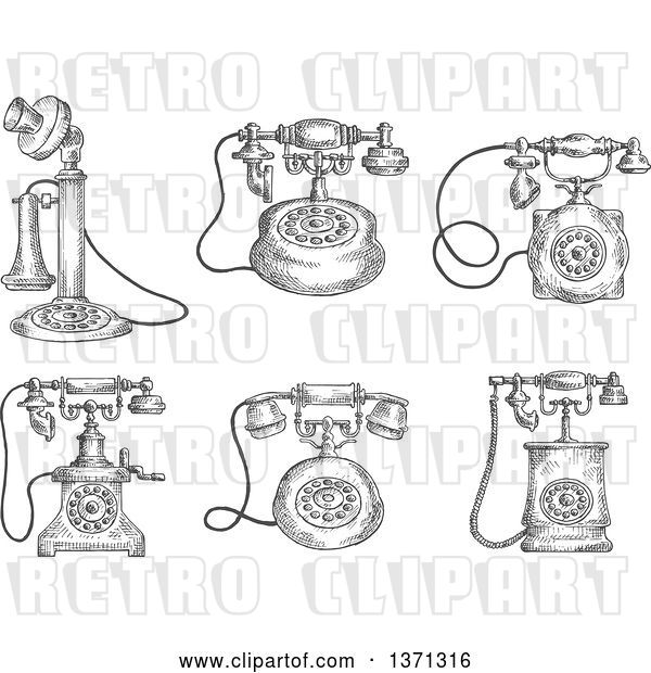 Vector Clip Art of Retro Sketched Grayscale Telephones