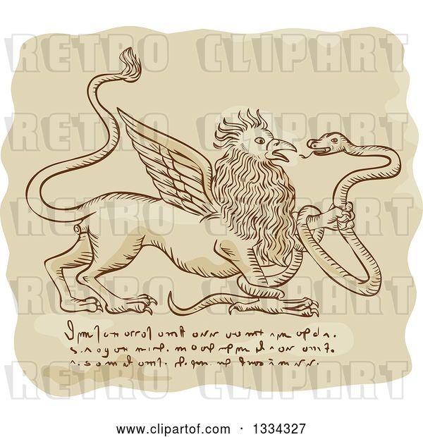 Vector Clip Art of Retro Sketched Griffin Battling a Snake with Manuscript Cypher Text Code