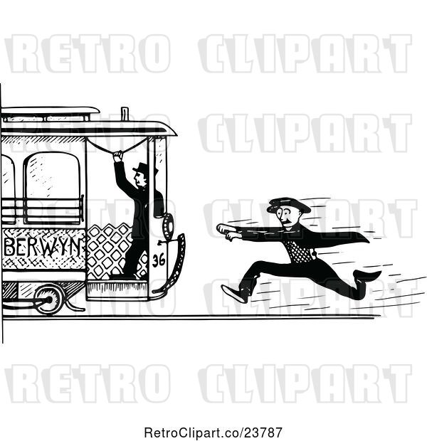 Vector Clip Art of Retro Sketched Guy Chasing a Train