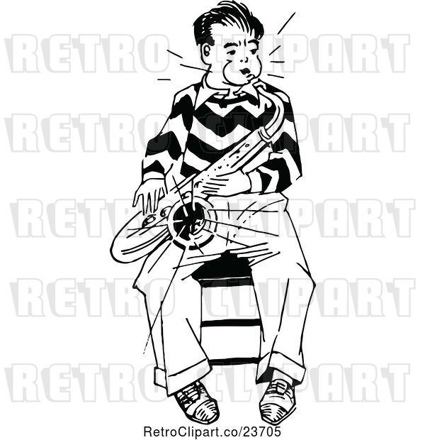 Vector Clip Art of Retro Sketched Guy Playing a Saxophone
