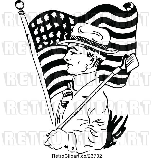 Vector Clip Art of Retro Sketched Guy with a Garden Hoe and American Flag