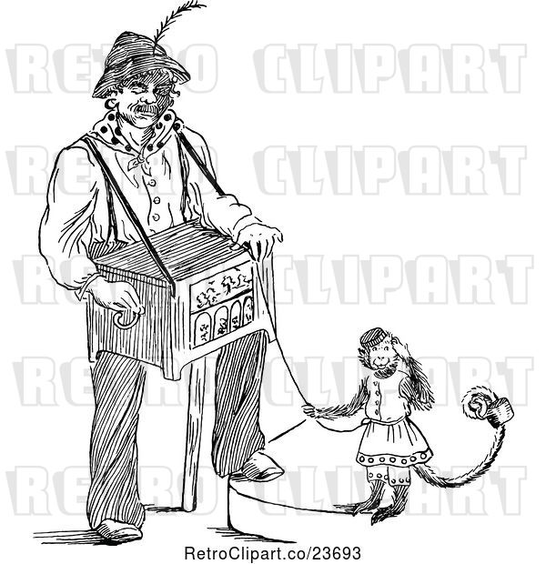 Vector Clip Art of Retro Sketched Guy with a Music Box and Monkey