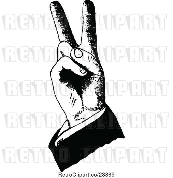 Vector Clip Art of Retro Sketched Hand Making Bunny Ears or Gesturing Peace or Victory