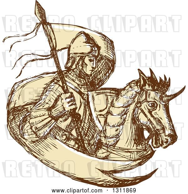 Vector Clip Art of Retro Sketched Knight with a Flag and Horse