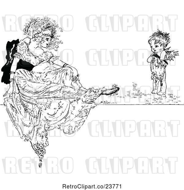 Vector Clip Art of Retro Sketched Lady and Cherub