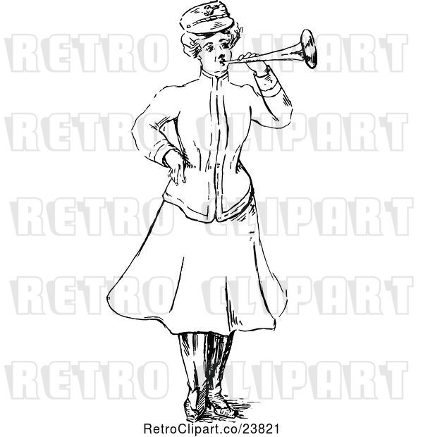 Vector Clip Art of Retro Sketched Lady Blowing a Horn