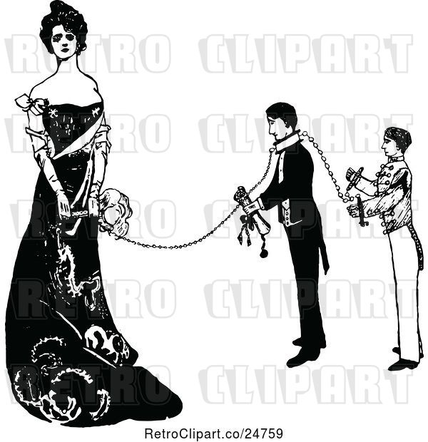 Vector Clip Art of Retro Sketched Lady Chained to Two Men