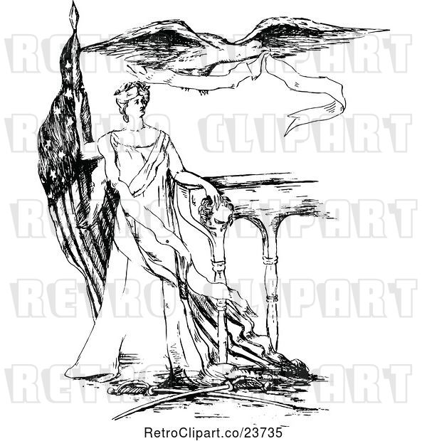 Vector Clip Art of Retro Sketched Lady, Columbia, with an American Flag and Eagle