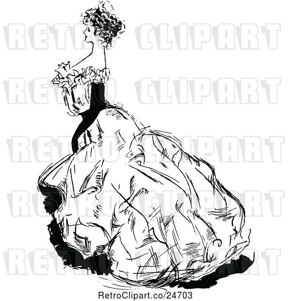 Vector Clip Art of Retro Sketched Lady in a Big Dress