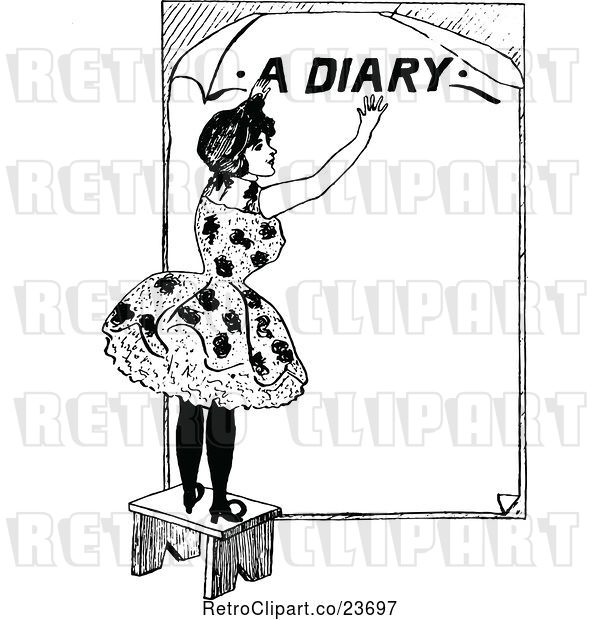 Vector Clip Art of Retro Sketched Lady on a Stool, with a Diary Text