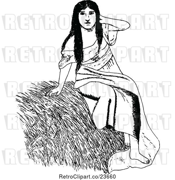 Vector Clip Art of Retro Sketched Lady on Straw