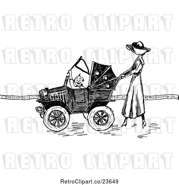 Vector Clip Art of Retro Sketched Lady Pushing a Baby in a Car Stroller