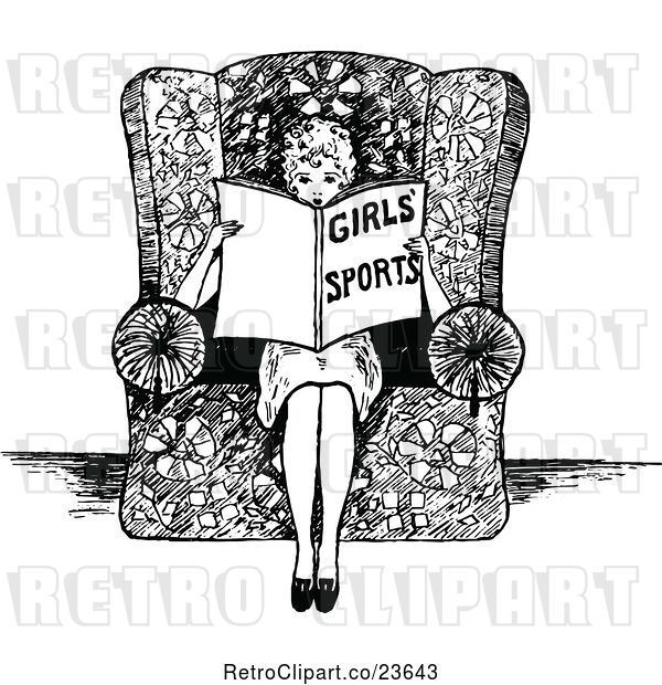 Vector Clip Art of Retro Sketched Lady Reading About Girls Sports
