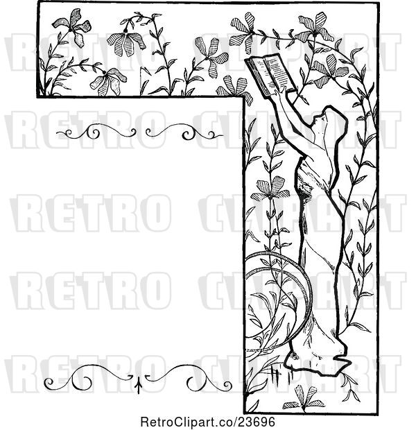 Vector Clip Art of Retro Sketched Lady Reading and Floral Border