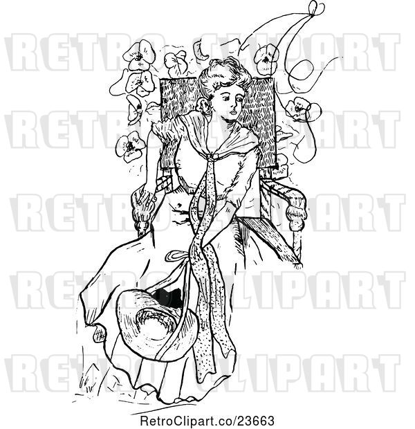 Vector Clip Art of Retro Sketched Lady Sitting