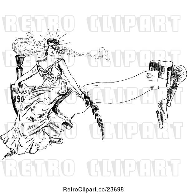 Vector Clip Art of Retro Sketched Lady Sitting on a Banner with a Torch