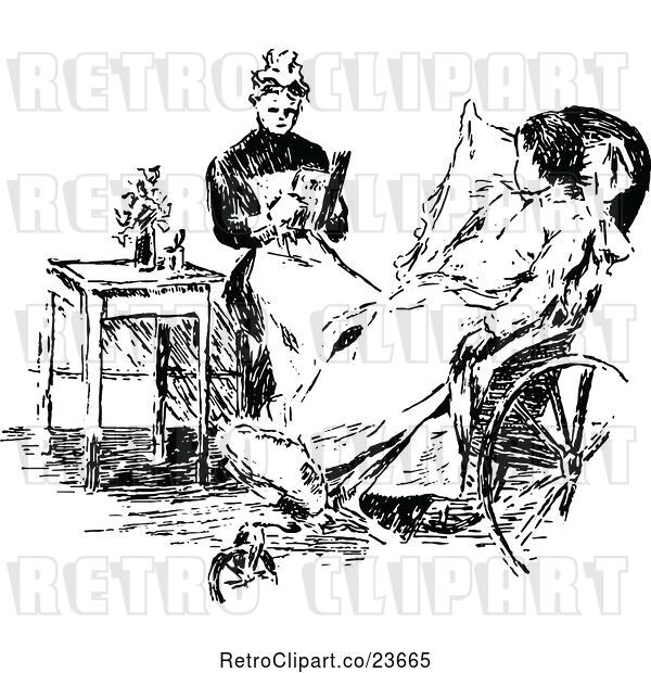 Vector Clip Art of Retro Sketched Lady Tending to a Sick Child