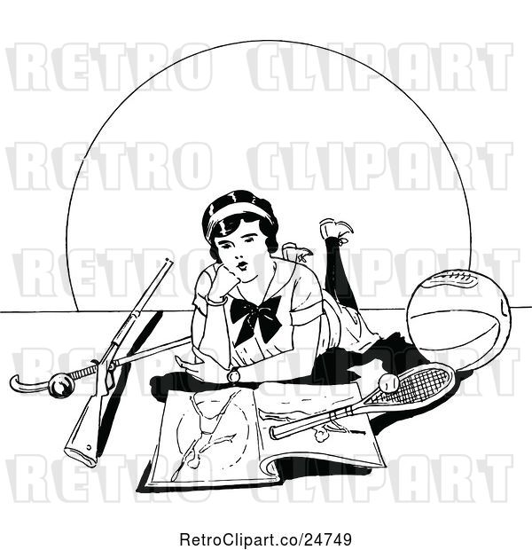 Vector Clip Art of Retro Sketched Lady with Sports Equipment