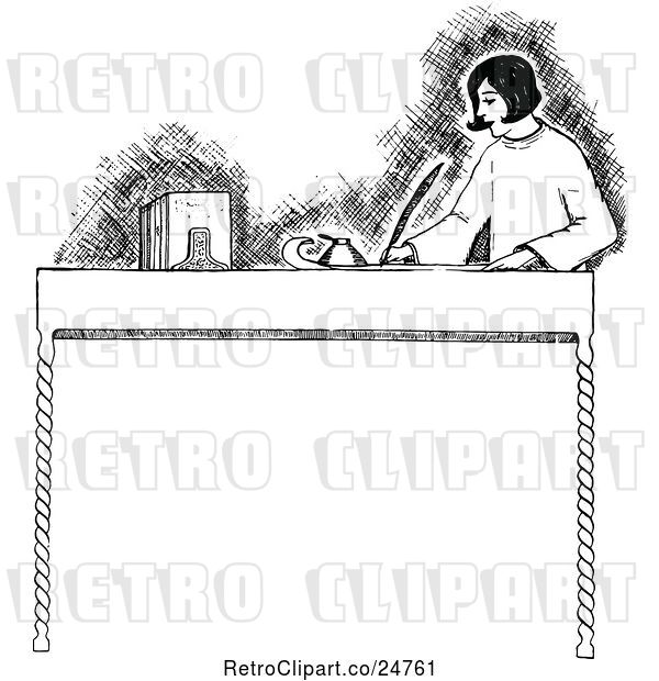 Vector Clip Art of Retro Sketched Lady Writing a Letter