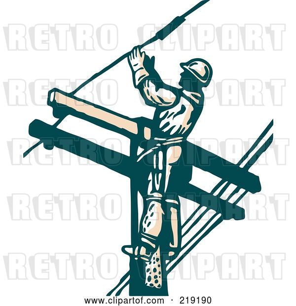 Vector Clip Art of Retro Sketched Lineman Working on a Pole