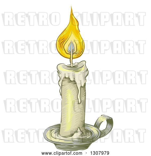 Vector Clip Art of Retro Sketched Lit Candle on a Holder