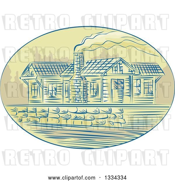 Vector Clip Art of Retro Sketched Log Cabin with Smoke Rising from the Chimney, in an Oval