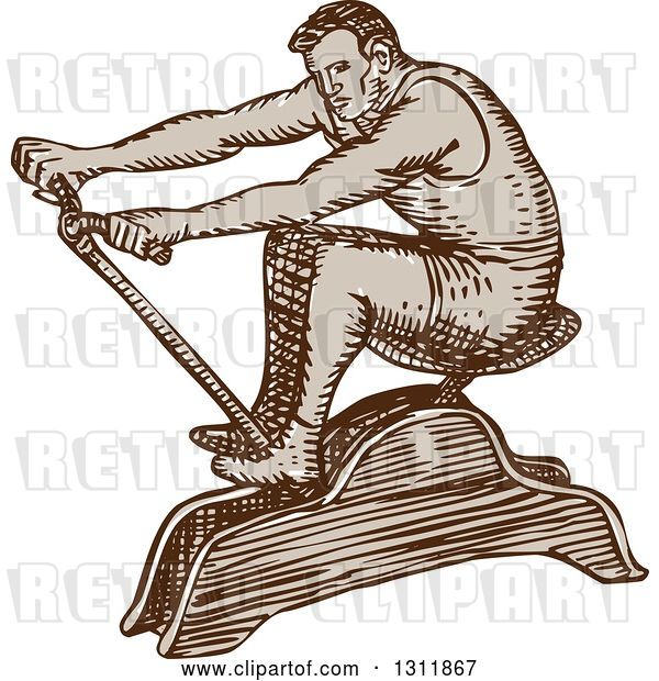 Vector Clip Art of Retro Sketched Male Athlete Exercising on a Rowing Machine