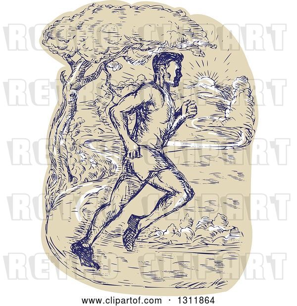 Vector Clip Art of Retro Sketched Male Marathon Runner on a Park Path