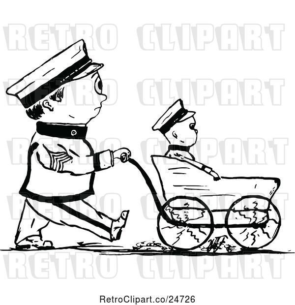 Vector Clip Art of Retro Sketched Male Soldier Walking His Son in a Stroller