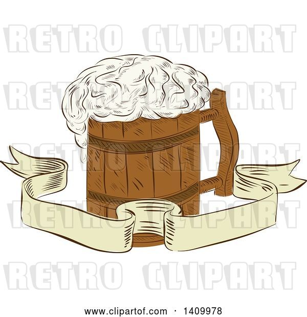 Vector Clip Art of Retro Sketched Medieval Wooden Beer Mug with Froth over a Ribbon Banner