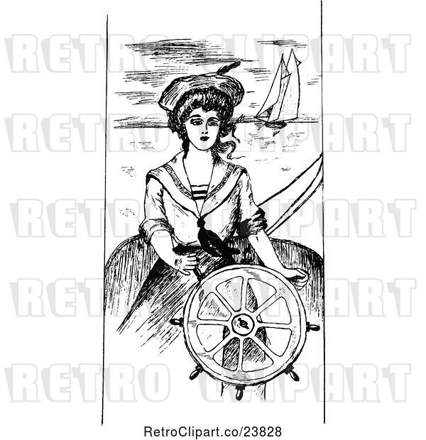 Vector Clip Art of Retro Sketched Nautical Lady at a Helm