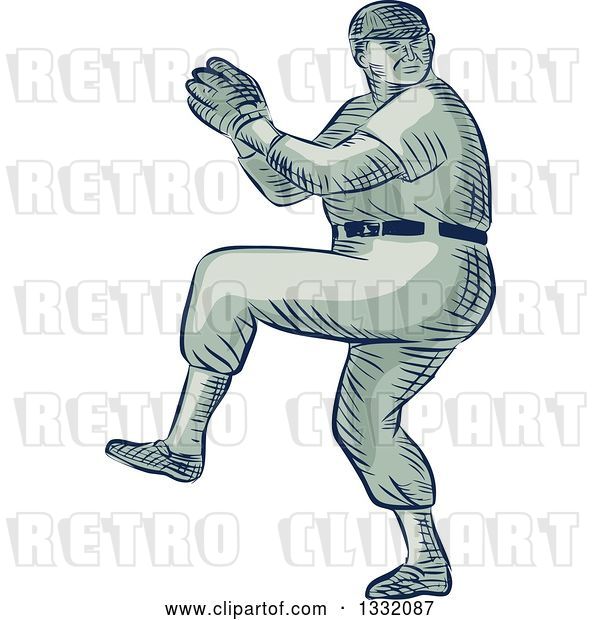Vector Clip Art of Retro Sketched or Engraved Baseball Player Pitching