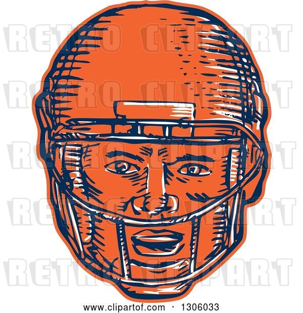 Vector Clip Art of Retro Sketched or Engraved Blue White and Orange American Football Player Head in a Helmet