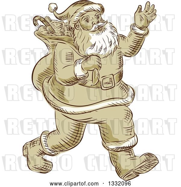 Vector Clip Art of Retro Sketched or Engraved Christmas Santa Walking and Waving