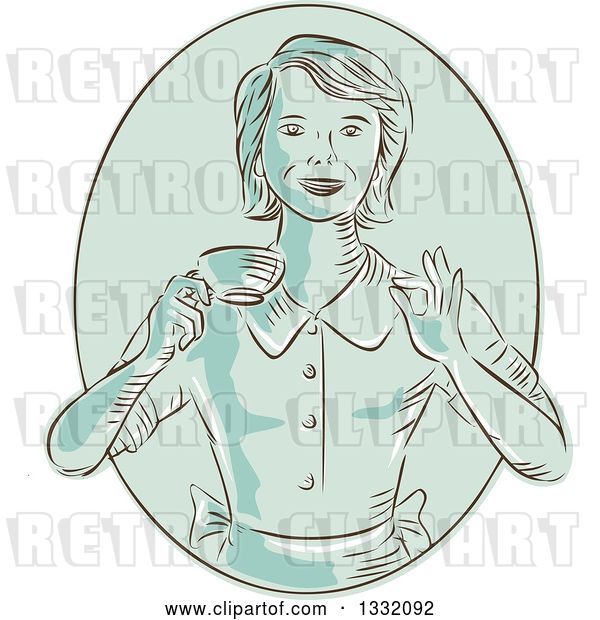 Vector Clip Art of Retro Sketched or Engraved Green Happy Housewife or Waitress Gesturing Perfect and Holding a Cup of Coffee in an Oval