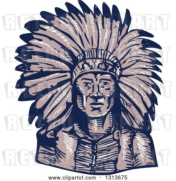 Vector Clip Art of Retro Sketched or Engraved Native American Indian Chief Wearing a Feather Headdress
