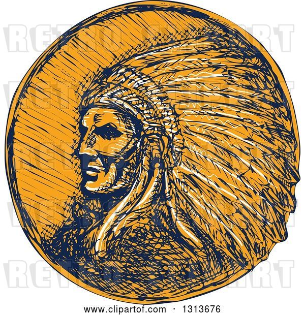 Vector Clip Art of Retro Sketched or Engraved Native American Indian Chief Wearing a Feather Headdress in Navy Blue and Orange