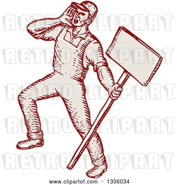 Vector Clip Art of Retro Sketched or Engraved Shouting Union Worker Holding a Sign