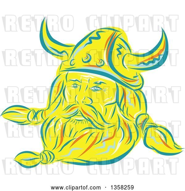 Vector Clip Art of Retro Sketched or Engraved Viking Norseman with a Long Beard and Horned Helmet