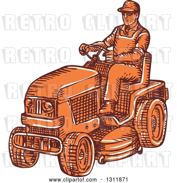 Vector Clip Art of Retro Sketched Orange Guy Driving a Ride on Mower