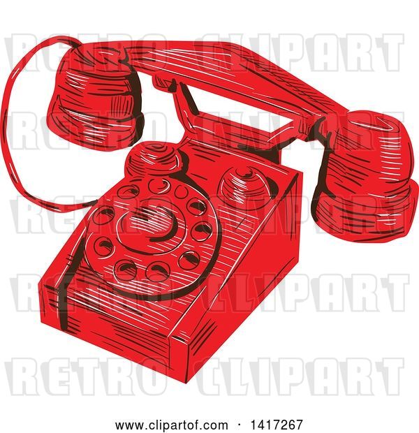 Vector Clip Art of Retro Sketched Red Telephone