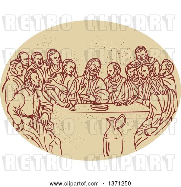 Vector Clip Art of Retro Sketched Scene of the Last Supper with Jesus and the Apostles in an Oval
