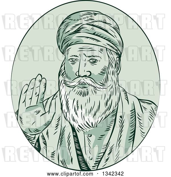 Vector Clip Art of Retro Sketched Sikh Guru Nanak Ji Priest Waving in a Green Oval