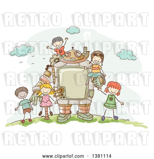 Vector Clip Art of Retro Sketched Steampunk Robot and Stick Children Outdoors
