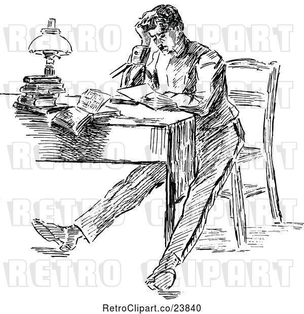 Vector Clip Art of Retro Sketched Stressed Guy Sitting at a Desk
