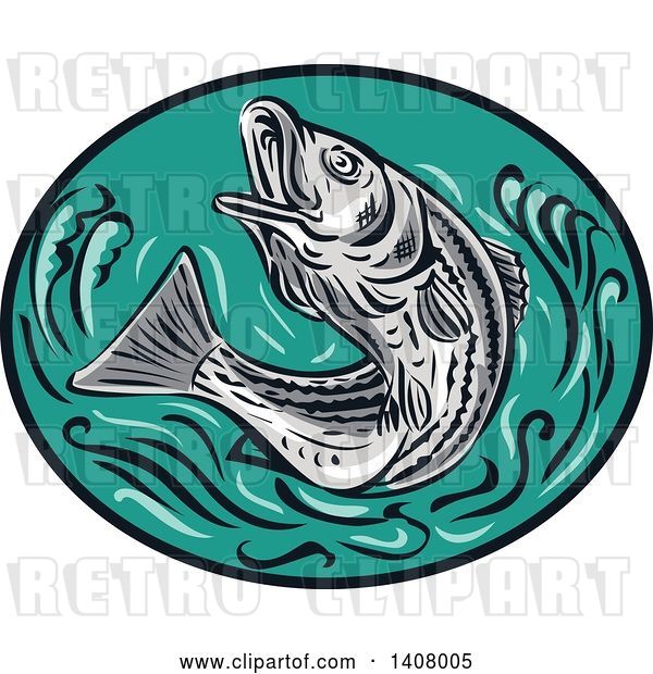 Vector Clip Art of Retro Sketched Striped Bass Rockfish Jumping in a Black and Turquoise Oval